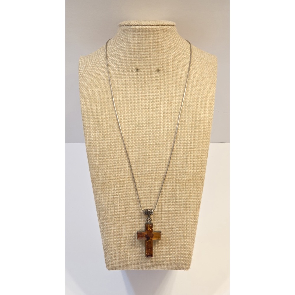 Vintage Sterling Silver Baltic Amber Resin Box Cross Pendant 18" Sterling Chain
